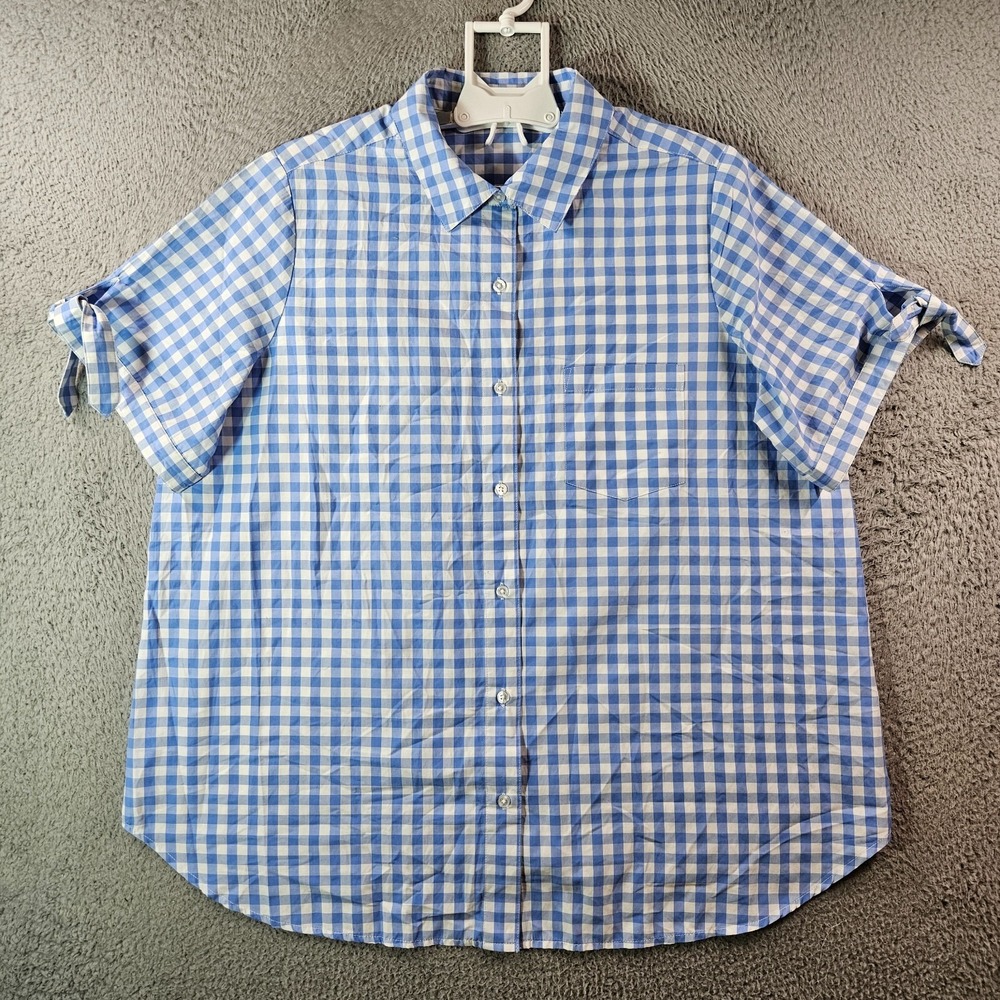 Roaman's Tunic Top Shirt Women‎ 20 Button Up Bow Short Sleeve Blue White Plaid
